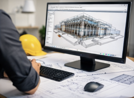 service-1 Hombre en la computadora haciendo un proyecto mediante metodología BIM para mejorar coordinación, precisión y eficiencia.